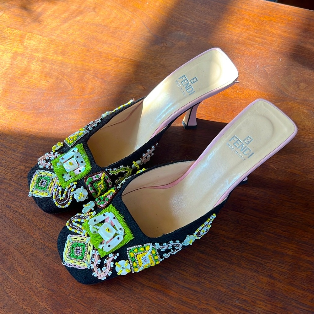 Vintage Fendi  original embroidered kitten heels. Slightly used. Size 38.
